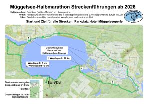 Topografische Karte mit den Strecken des Müggelsee-Halbmarathons und neuem Startort